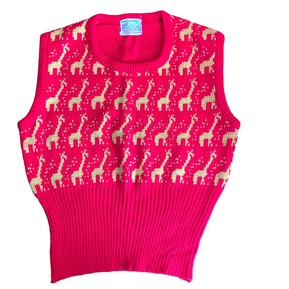 Rosa Knit Sweater Vest Sz Med Red w/ Yellow Giraffes 70’s, 80’s Exc Cond Vintage